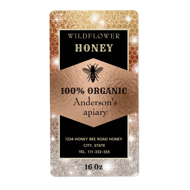 Vintage sparkle rose gold bee logo honey jar (Front)