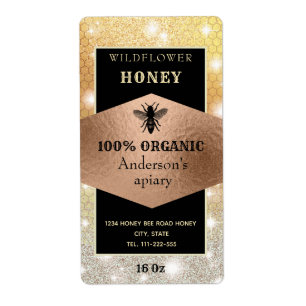 Vintage sparkle rose gold bee logo honey jar