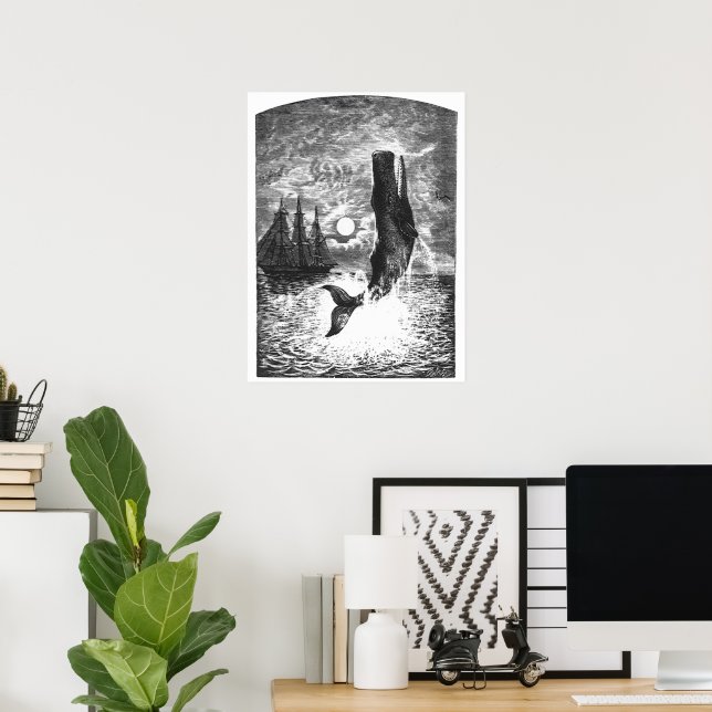 Vintage Sperm Whale Breaching, Marine Life Animals Poster (Home Office)