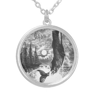 Vintage Sperm Whale Breaching, Marine Life Animals Silver Plated Necklace