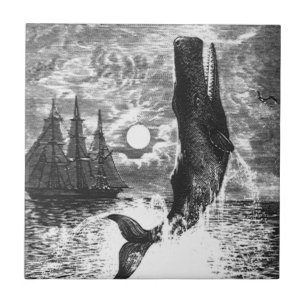 Vintage Sperm Whale Breaching, Marine Life Animals Tile