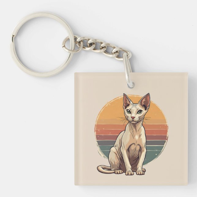 Vintage Sphynx Cat Mom Retro Art Keychain (Front)