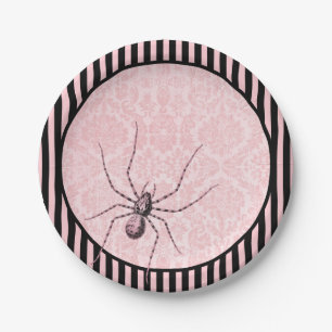 Vintage Spider on Pink Damask   Halloween Paper Plate