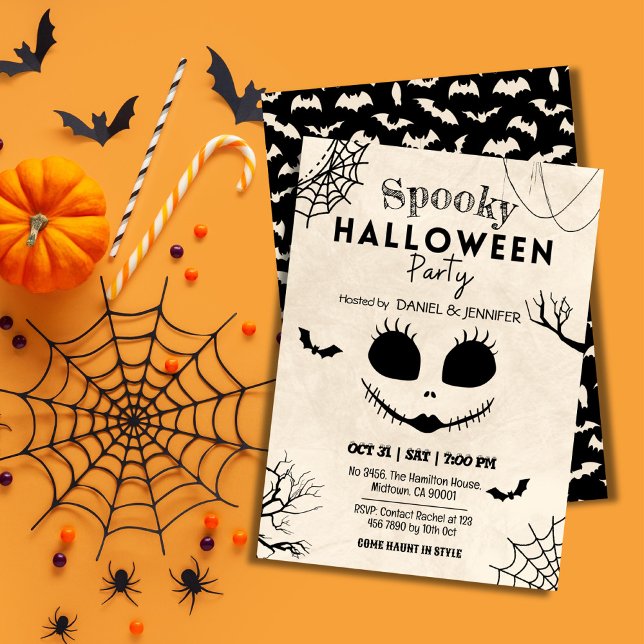 Vintage spider webs bats skull face Halloween Invitation (Creator Uploaded)