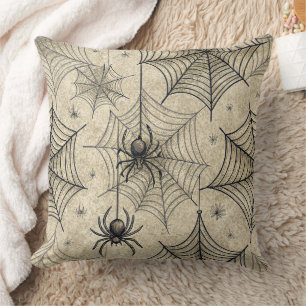 Vintage Spiders and Webs Halloween Pattern Throw Pillow