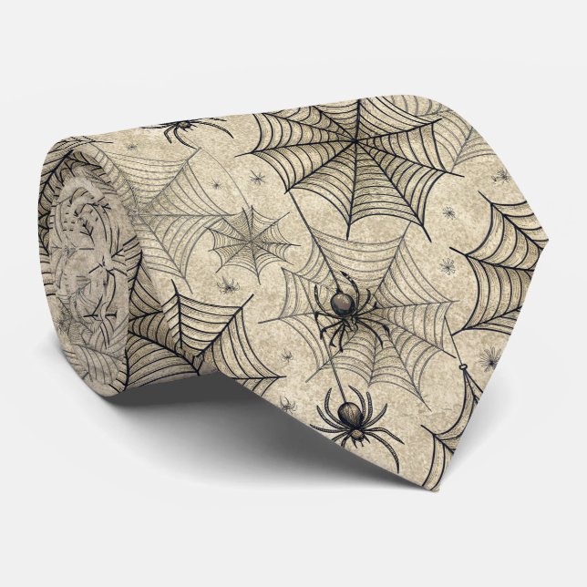 Vintage Spiders and Webs Halloween Pattern Tie (Rolled)