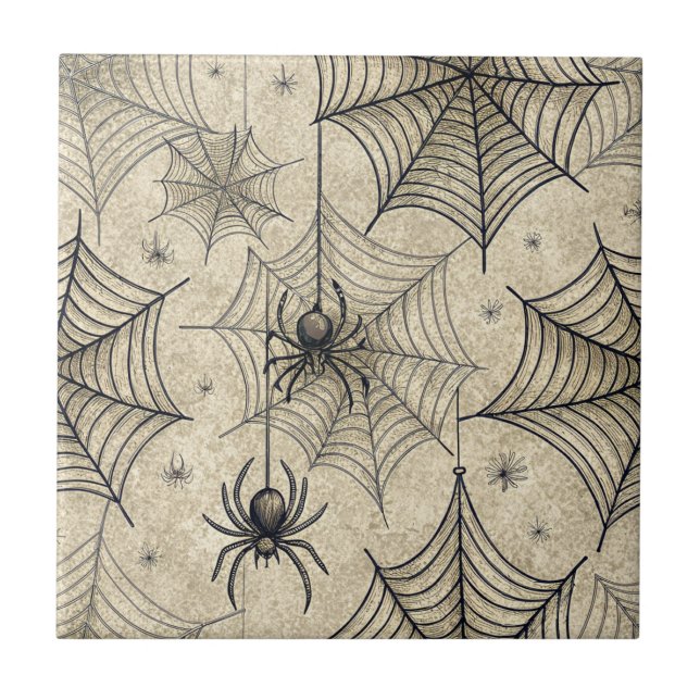 Vintage Spiders and Webs Halloween Pattern Tile (Front)