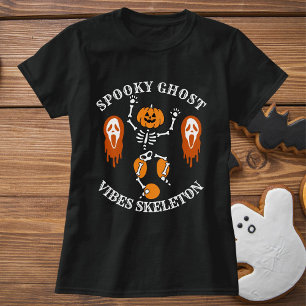 Vintage Spooky Ghost Halloween Pumpkin Skeleton T-Shirt