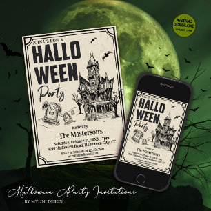 Vintage Spooky Graveyard Hounted House Halloween Invitation