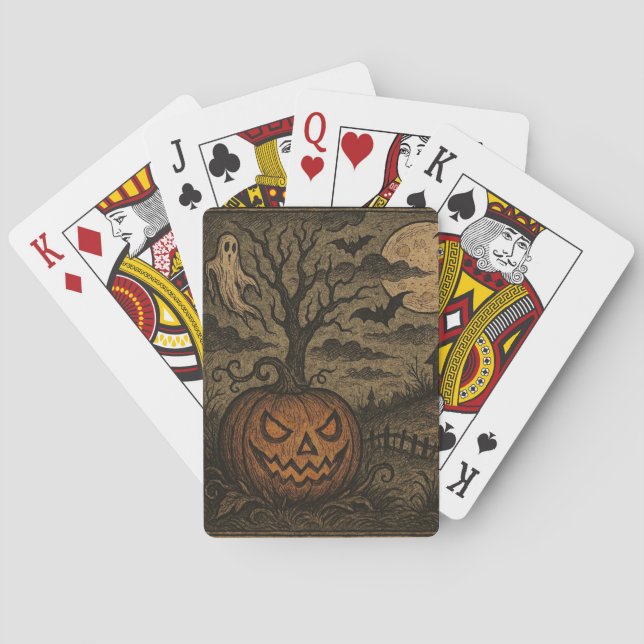 Vintage, spooky Halloween pumpkin/ghost Playing Cards (Back)