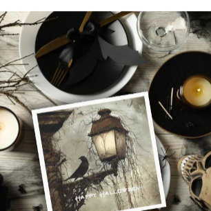 Vintage Spooky Raven on Lantern Halloween  Napkin