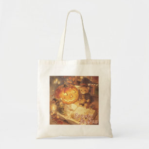 Vintage Spooky Season Cute Bear Pumpkin Halloween Tote Bag
