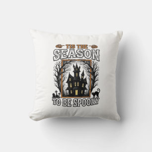 Vintage Spooky Season Haunted House Halloween Desi Throw Pillow
