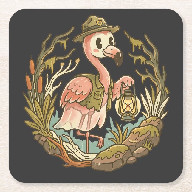 Vintage Spooky Swamp Flamingo Design Square Paper Coaster (Front)