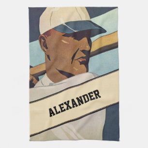 Vintage Sports Baseball Batter, Stylized Art Kitchen Towel