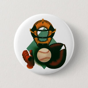 Vintage Sports Baseball Player, Catcher with Mitt 2 Inch Round Button