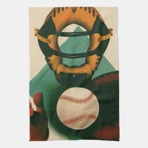 Vintage Sports Baseball Player, Catcher with Mitt Kitchen Towel