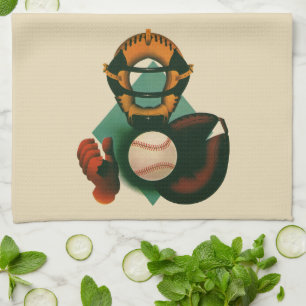 Vintage Sports Baseball Player, Catcher with Mitt Kitchen Towel
