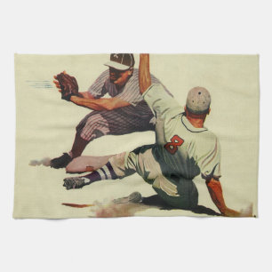 Vintage Sports Baseball, Player Sliding into Home Kitchen Towel