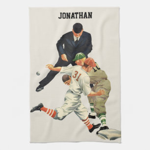 Vintage Sports Baseball Players Safe at Home Plate Kitchen Towel