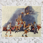 Vintage Sports Basketball, Players in a Game Jigsaw Puzzle<br><div class="desc">Vintage illustration sports teams design featuring a basketball team playing a fun game of hoops with a player taking a shot on the basket with a ball and about to score with a slam dunk. Now you can pretend to be a player on your favourite school or professional team!</div>