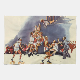 Vintage Sports Basketball, Players in a Game Kitchen Towel
