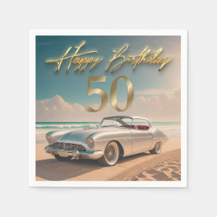 Vintage Sports car on a tropical beach Happy 50th Napkin