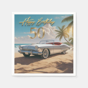 Vintage Sports car on a tropical beach Happy 50th Napkin