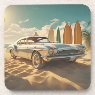 Vintage Sports car tropical beach Coaster