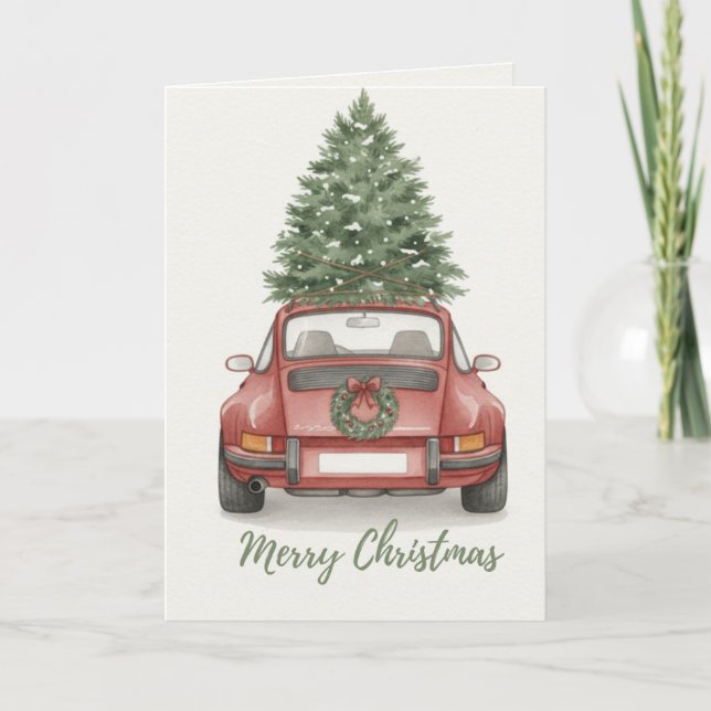 Vintage Sports Car with Christmas Tree Card (Front)