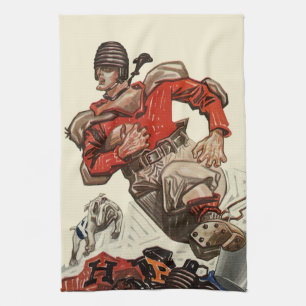 Vintage Sports Football Player and Bulldog Mascot Kitchen Towel