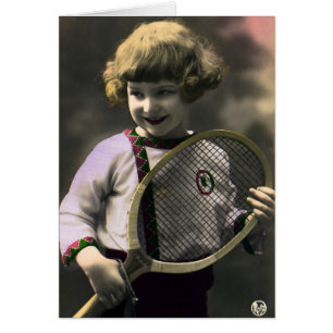 Vintage Sports, Happy Girl Holding a Tennis Racket