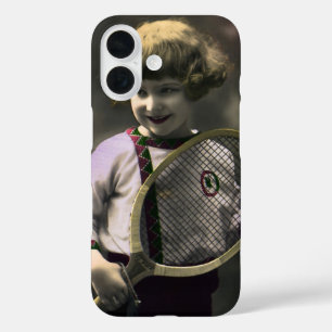 Vintage Sports, Happy Girl Holding a Tennis Racket iPhone 16 Case