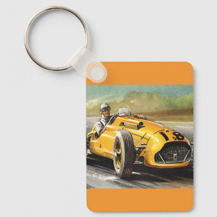 Vintage Sports Racing, Yellow Race Car Racer Keychain