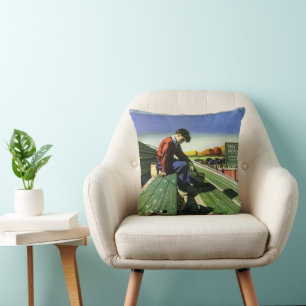 Vintage Sports, Sad Football Fan with Megaphone Throw Pillow
