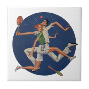 Vintage Sports, Tennis Players Crash with Rackets Tile