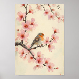 Vintage Spring Bird Cherry Blossom Wall Art