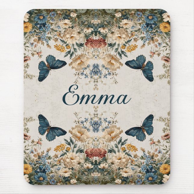 Vintage Spring Butterfly Floral Garden Mouse Pad (Front)