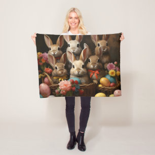 Vintage Spring Easter Egg Basket Bunny Hop Fleece Blanket