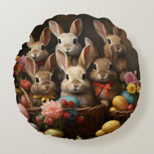 Vintage Spring Easter Egg Basket Bunny Hop Round Pillow