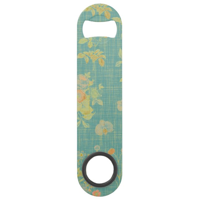 Vintage Spring Floral Teal Pattern Bar Key (Back)