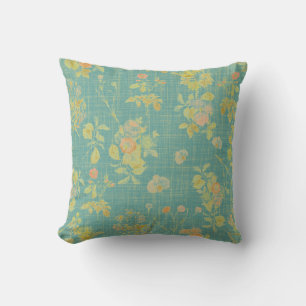 Vintage Spring Floral Teal Throw Pillow