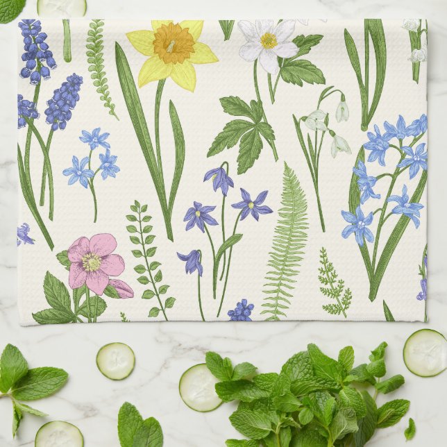 Vintage Spring flowers and Herbs  Kitchen Towel (Folded)