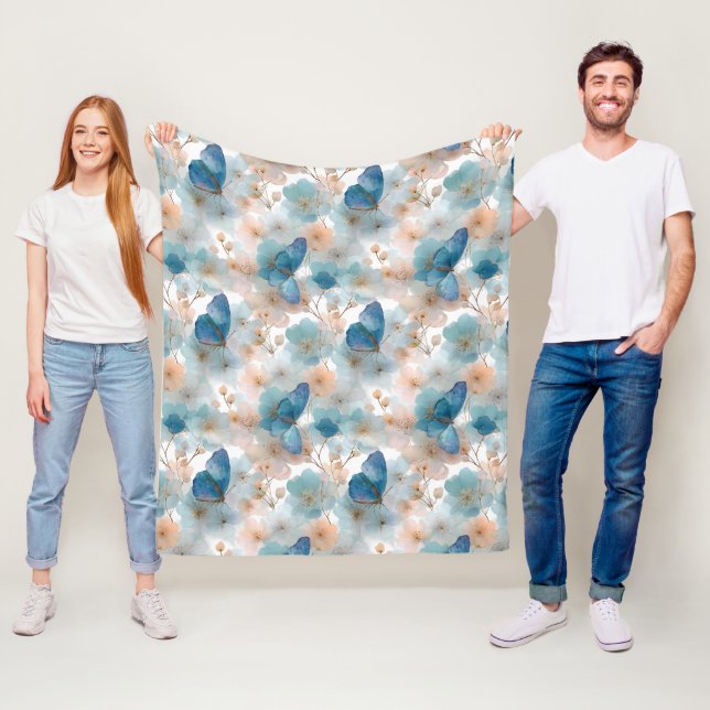 Vintage Spring Flowers & Blue Butterfly Fleece Blanket (In Situ)