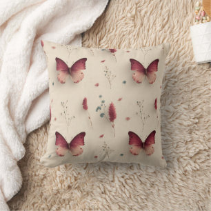 Vintage Spring Flowers & Blush Butterfly Throw Pillow