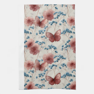 Vintage Spring Flowers & Pink Butterflies Kitchen Towel