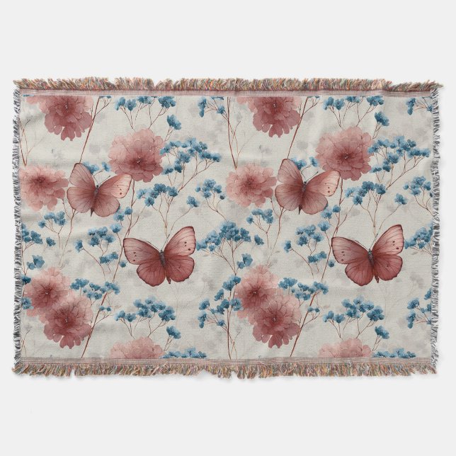 Vintage Spring Flowers & Pink Butterflies Throw Blanket (Front)