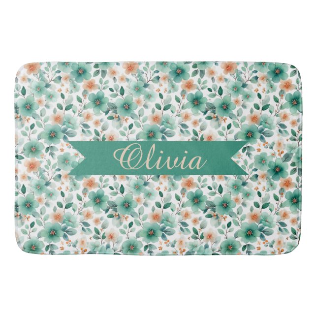 Vintage Spring Green Floral Personalized Bath Mat (Front)