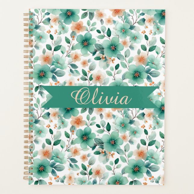Vintage Spring Green Floral Personalized Planner (Front)