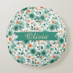 Vintage Spring Green Floral Personalized Round Pillow